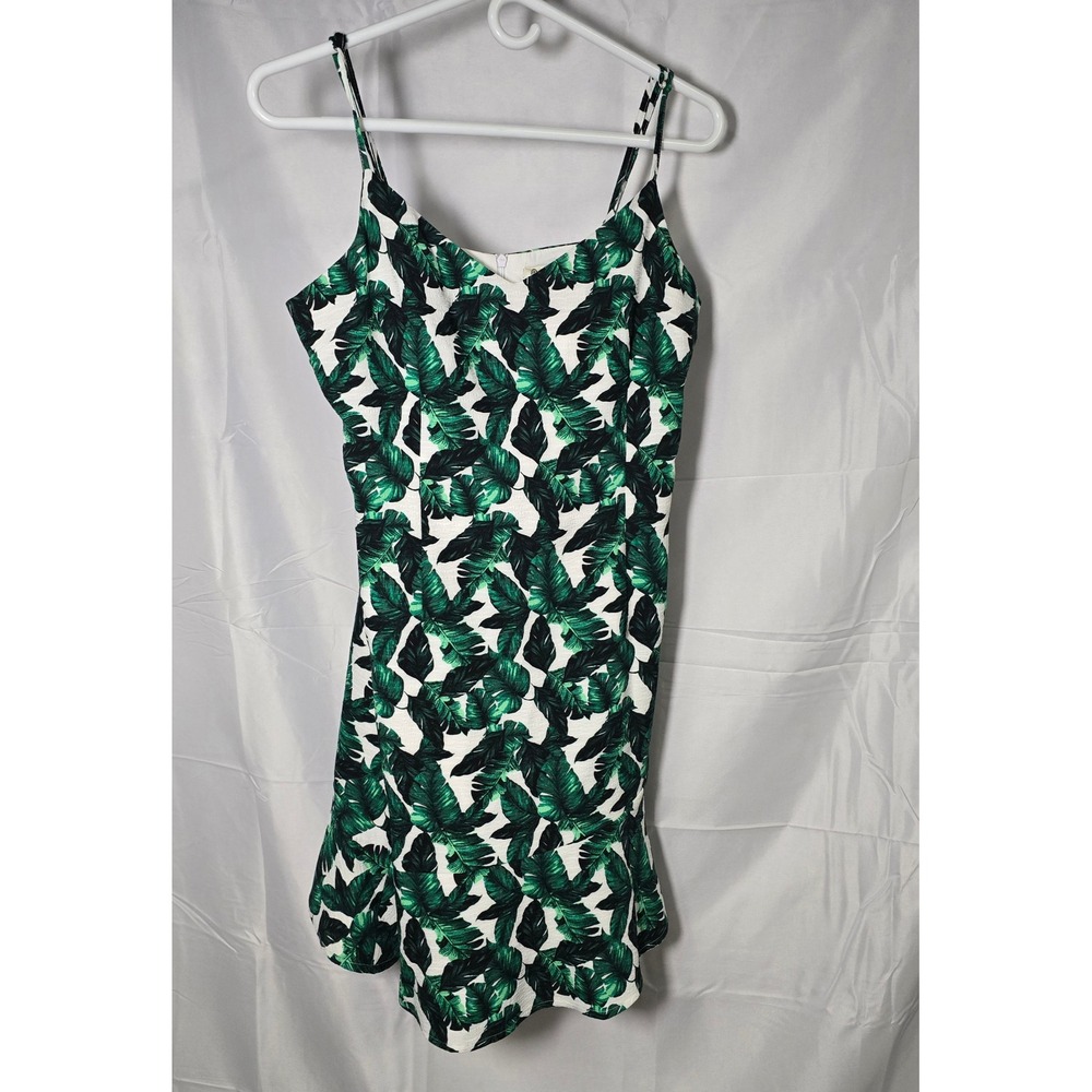 Versona Tropical Palm Leaf Print Ruffle Hem Mini Dress Green White Womens 12